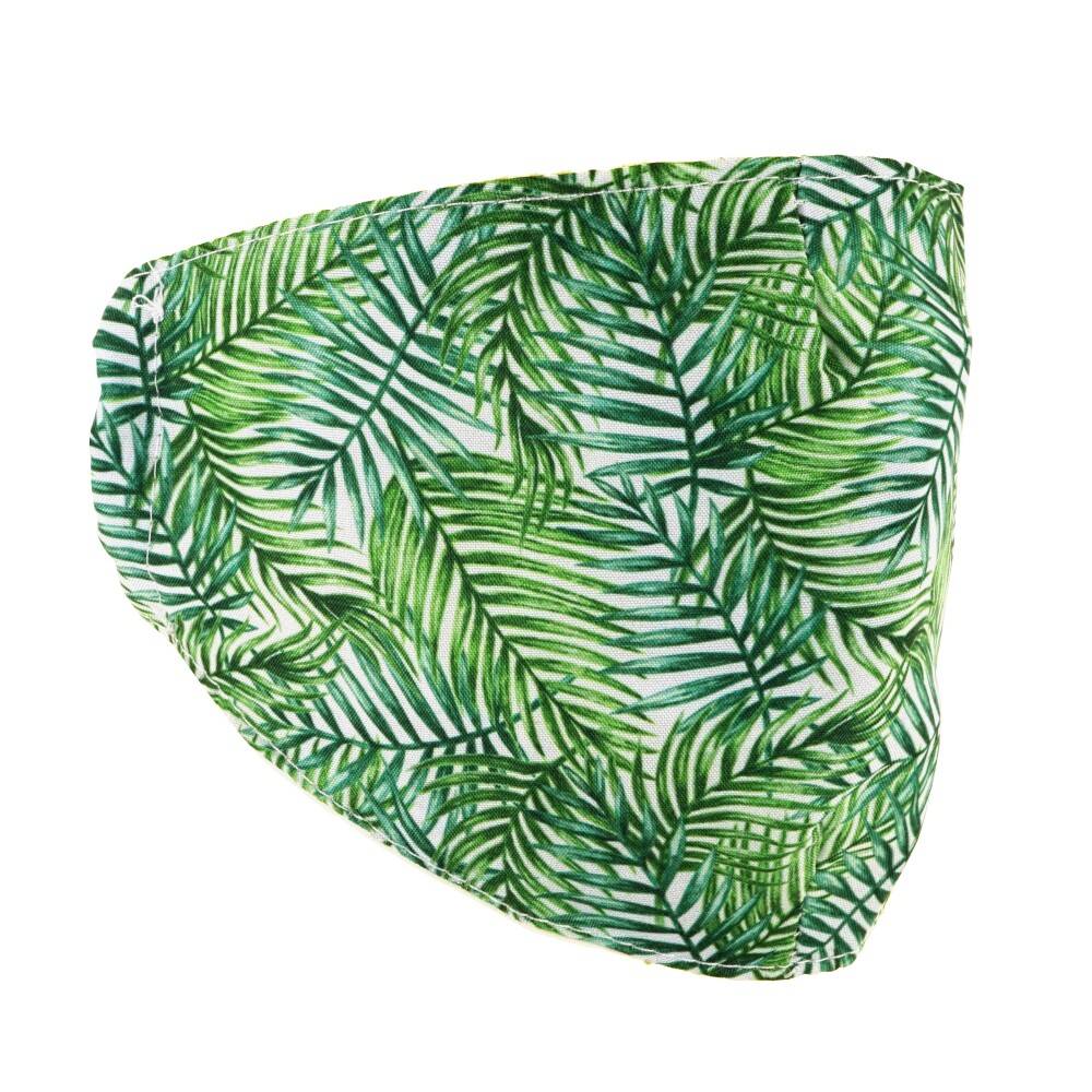 Grüne Gesichtsmaske mit tropischem Blattmuster auf weißem Hintergrund.