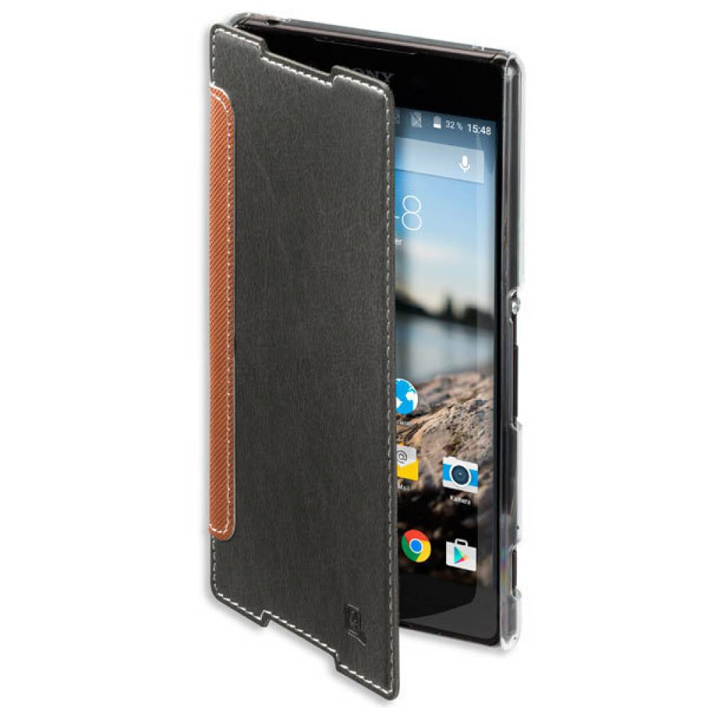 Schwarze Ledertelefon-Folio-Schutzhülle mit durchsichtigem Rückseite, geöffnet auf einem Smartphone dargestellt, wobei der vordere Bildschirm abgedeckt ist.