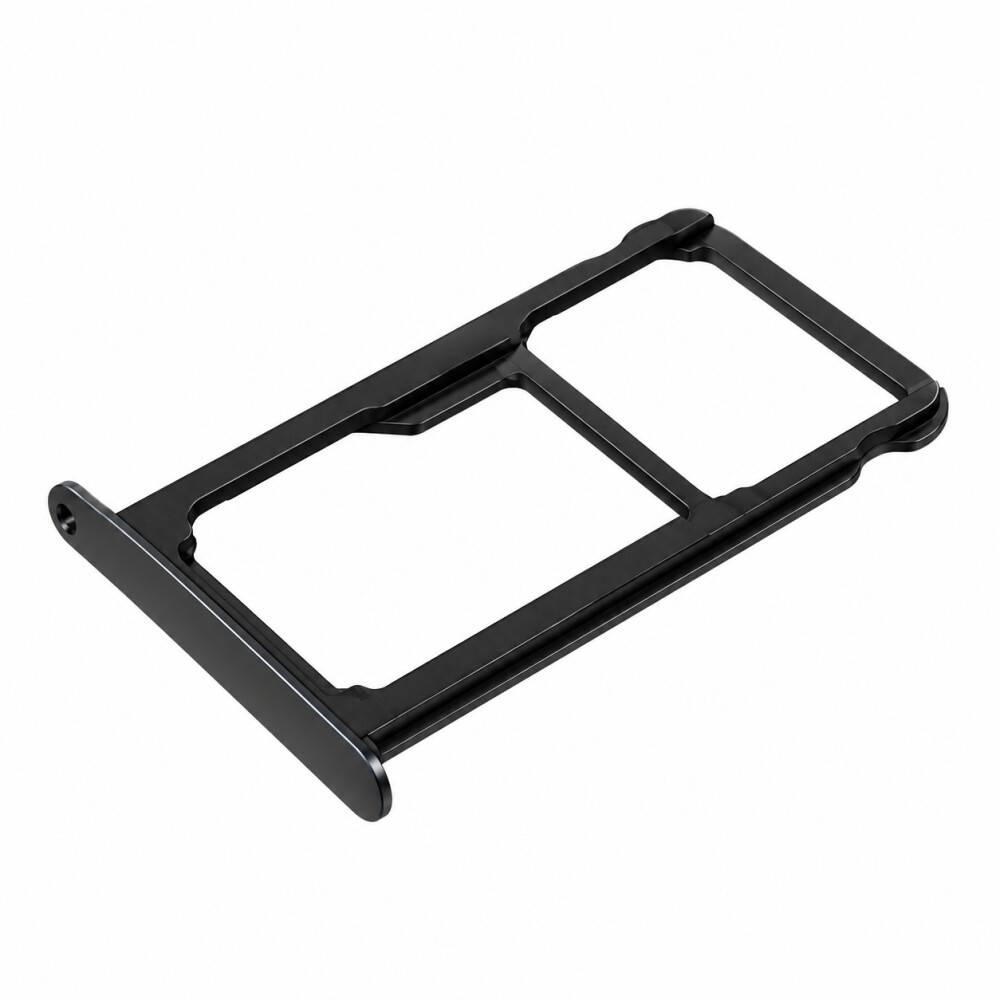 Schwarze Metall-SIM-Kartenschublade mit schwenkbarem Rahmen auf weißem Hintergrund.