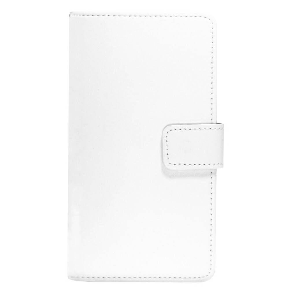 Weiße Lederbrieftasche mit Reißverschluss oder Handyhülle mit Druckknopfverschluss, Vorderansicht auf neutralem Hintergrund.