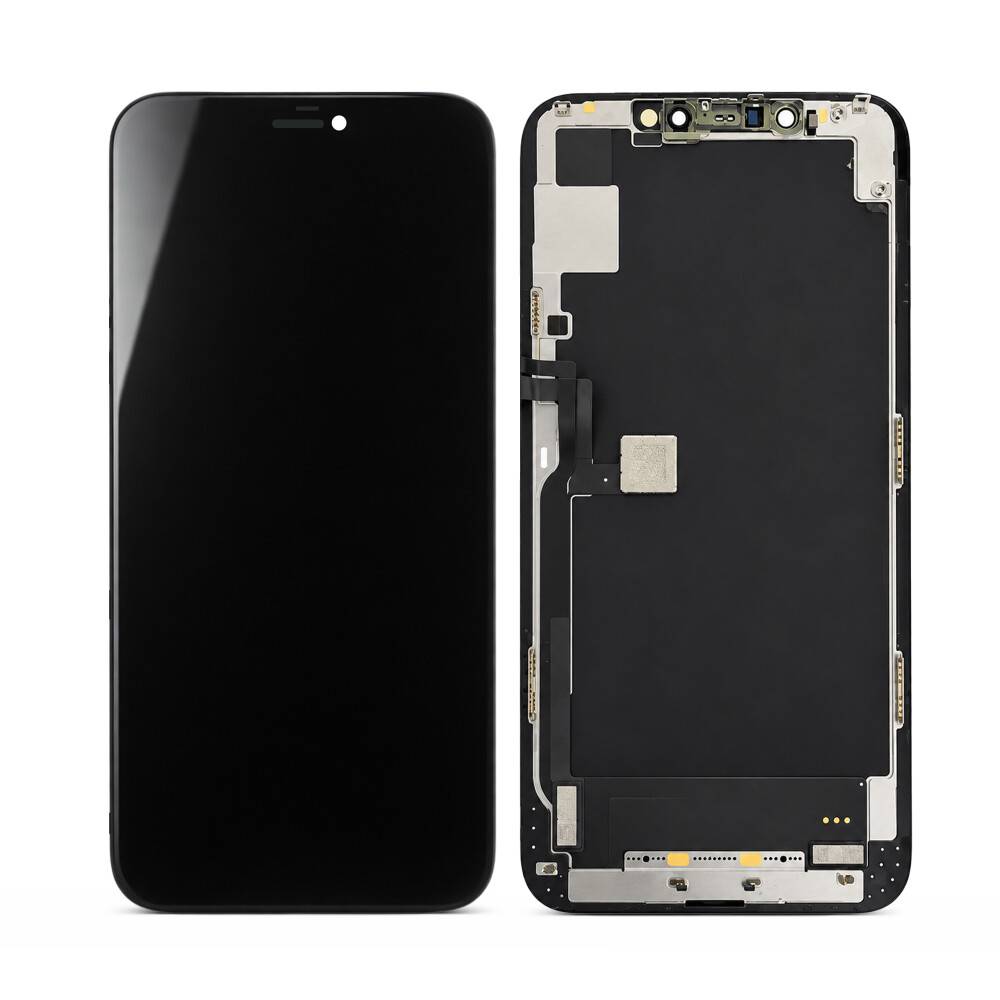 Vorder- und Rückansicht einer Smartphone-Display-Baugruppe: schwarzes Bildschirmglas auf der linken Seite und der interne Rahmen mit Anschlüssen auf der rechten Seite.