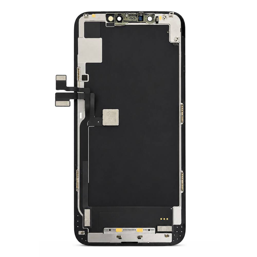 Rückansicht einer Smartphone-Display-Baugruppe mit schwarzem Panel, Metallrahmen, Flachbandkabeln und Sensor-Ausschnitten.