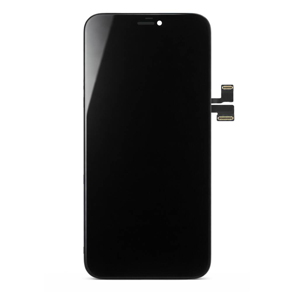 Schwarze Smartphone-Display-Baugruppe mit Frontkamera und seitlichem Stecker-Flachbandkabel, dargestellt auf weißem Hintergrund.