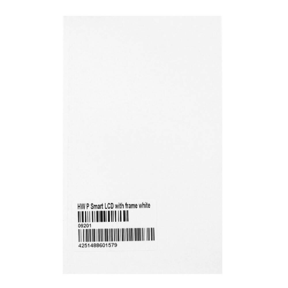 Weiße Verpackung mit einem Etikett, auf dem angezeigt wird: „HW P Smart LCD with frame white