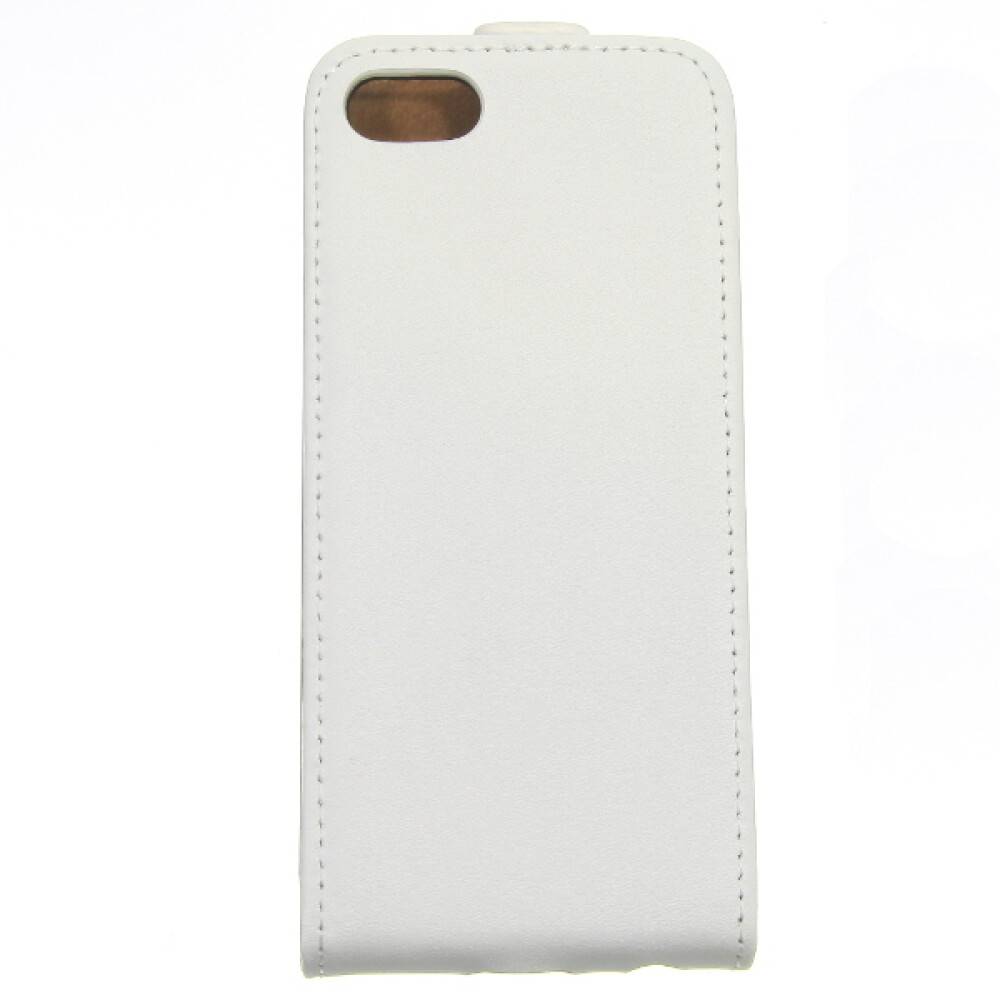 Weißes Leder-Smartphone-Case mit Kameraausschnitt auf der Rückseite, frontal gegen einen einfachen Hintergrund fotografiert.