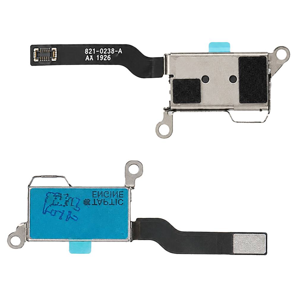 Zwei Ansichten eines kleinen elektronischen Sensor- oder Sprechermoduls mit schwarzen Flachbandkabeln und silbernen Metallgehäusen, dargestellt auf weißem Hintergrund.