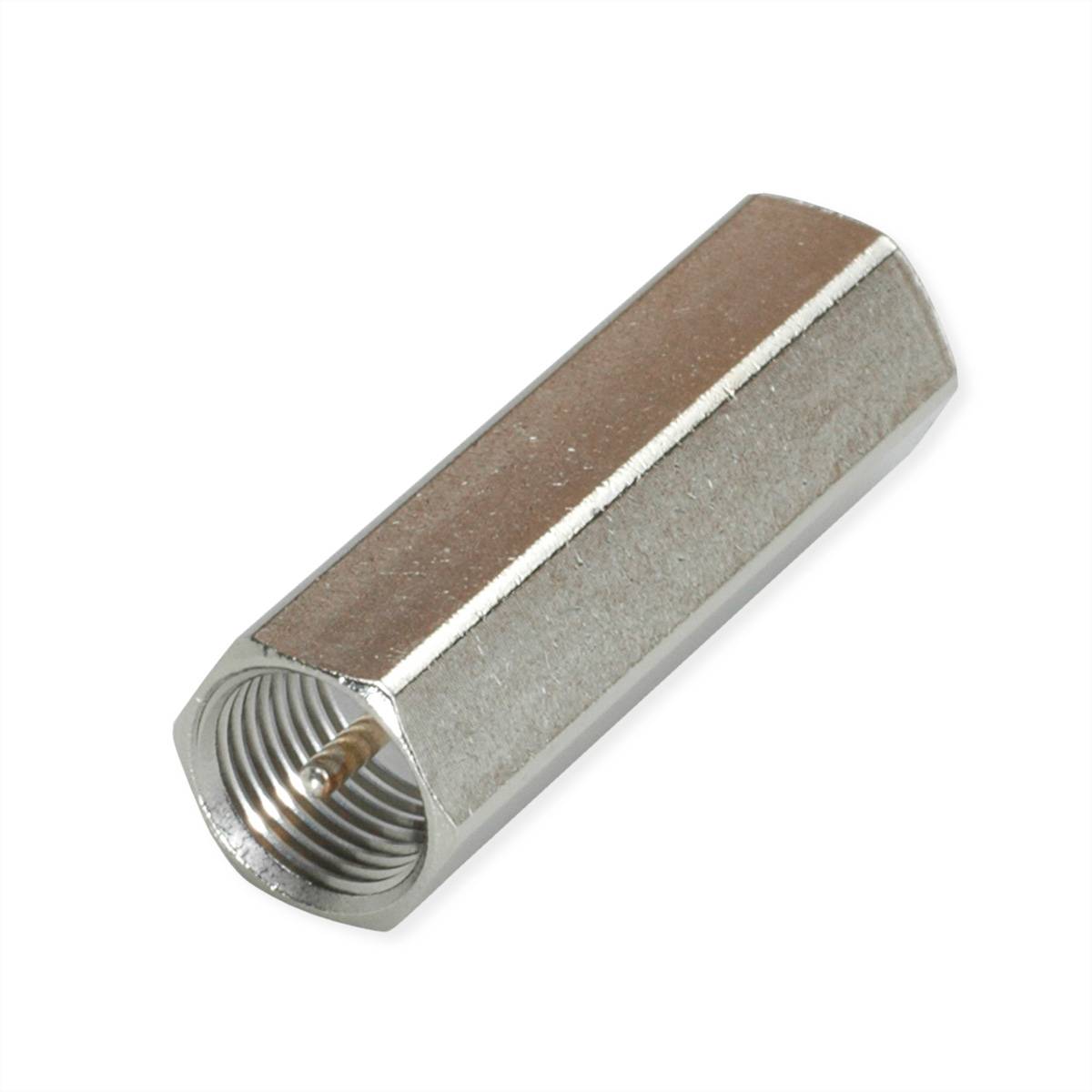 Eine metallische, sechskantige Überwurfmutter mit sichtbaren Innengewinden an einem Ende, die zum Verbinden von zwei Gewindestangen oder Schrauben verwendet wird.