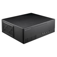 Schwarz gehäustes Computergehäuse oder kleines PC-Gehäuse in Kleinform, gezeigt vor weißem Hintergrund, Schrägansicht von vorne links.