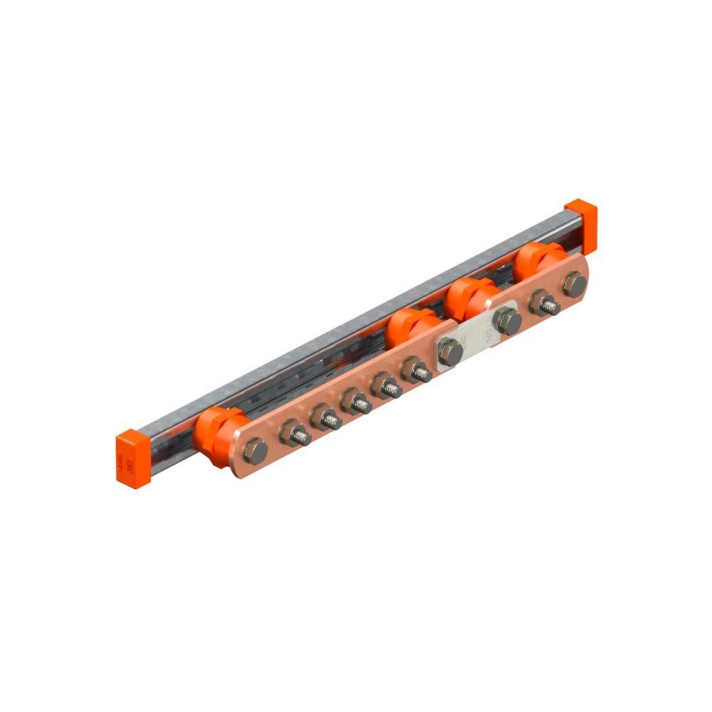 Eine orange und silberne mechanische Komponente mit mehreren Schrauben und Rollen, wahrscheinlich Teil einer industriellen oder maschinellen Struktur.