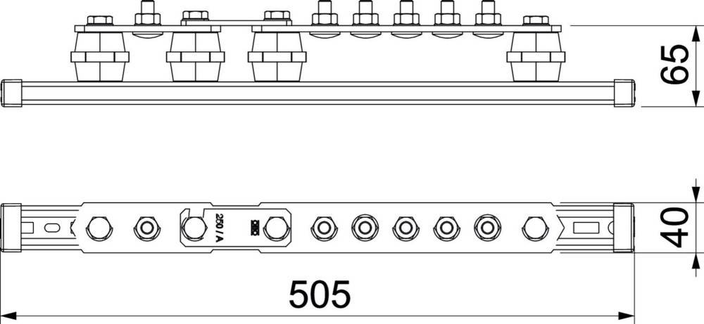 Technische Zeichnung eines mechanischen Bauteils mit Sechskantschrauben und mehreren kreisförmigen Löchern, mit der Bezeichnung '505'.