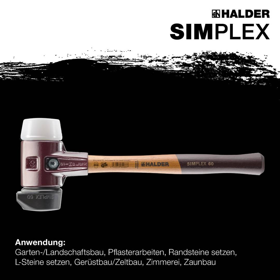 HALDER SIMPLEX Plusbox Starterkit Schonhammer Ø 60 mm Superplastik / TPE-mid / TPE-soft / Gummi mit Standfuß + Flaschenöffner
