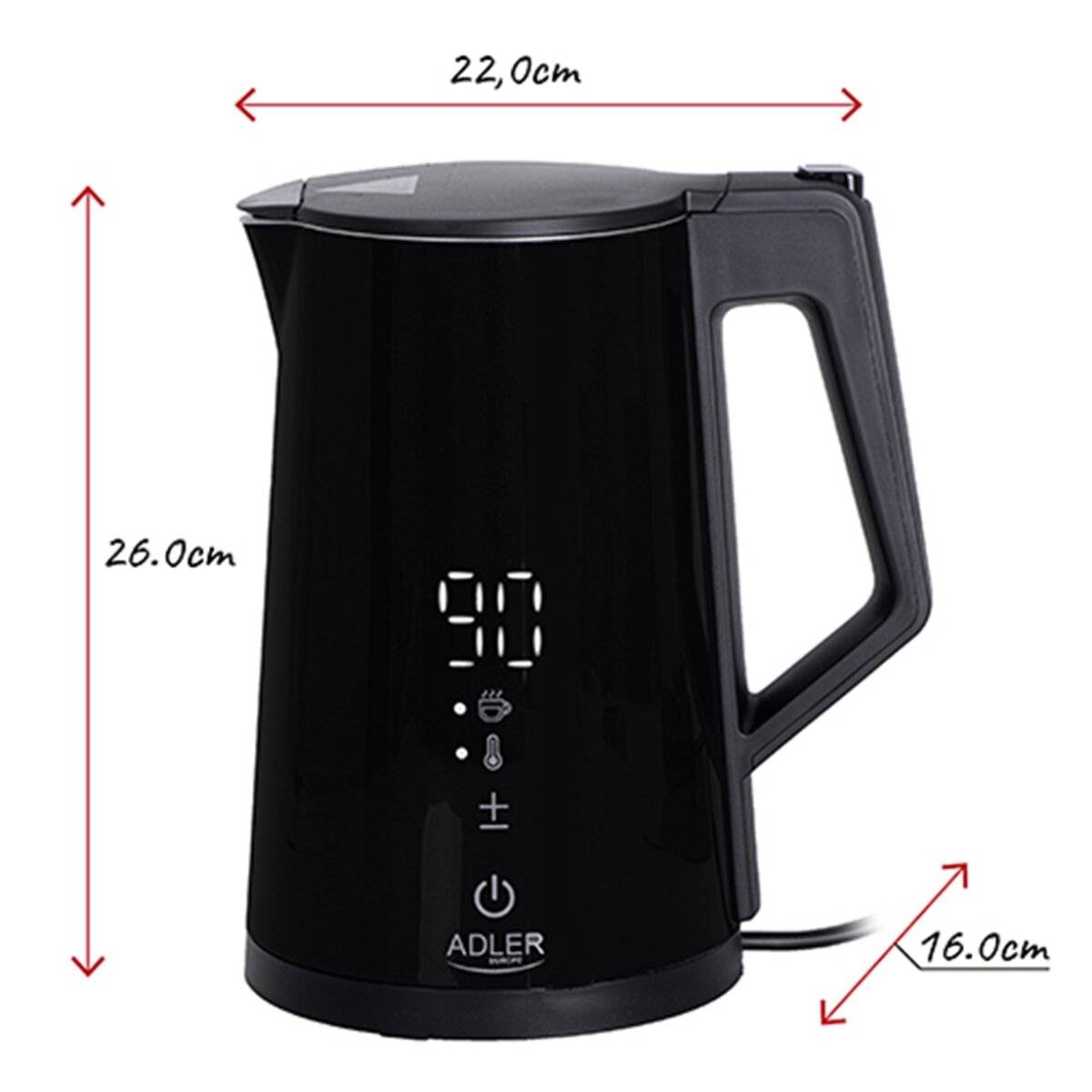 Schwarzer Elektrischer Wasserkocher mit digitaler Anzeige, die 90 Grad Celsius anzeigt. Abmessungen: Höhe 26 cm, Breite 22 cm, Tiefe 16 cm.