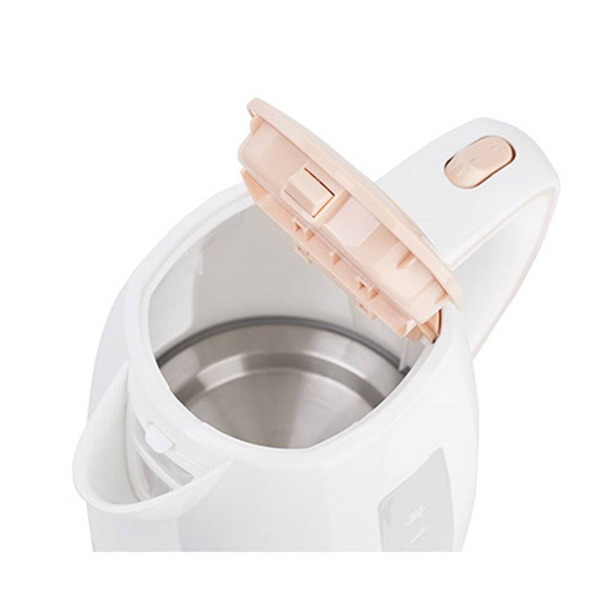 Elektrischer Wasserkocher mit offenim Deckel, der ein Edelstahlinneres und ein elfenbeinfarbenenes Äußeres zeigt, bereit zum Befüllen und Erhitzen von Wasser.