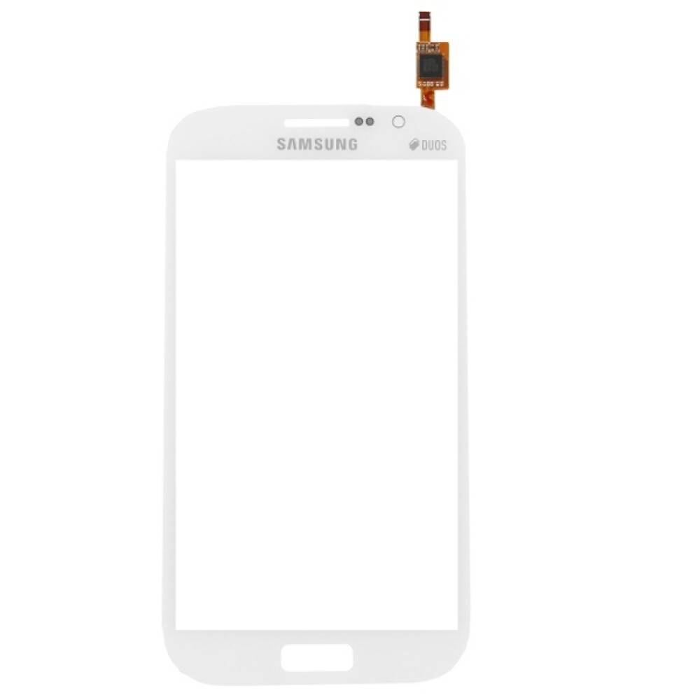 Weißes Samsung-Smartphone Vorderglas-/Digitizer-Austausch-Bildschirm mit Flex-Kabelstecker, der oben auf dem Display angezeigt wird.