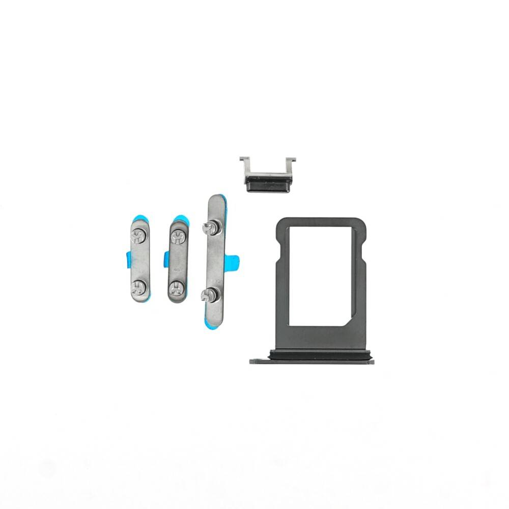 Kleine Metallmontagehardware-Set mit Halterungen, Schrauben und einem schwarzen rechteckigen Rahmen auf weißem Hintergrund.