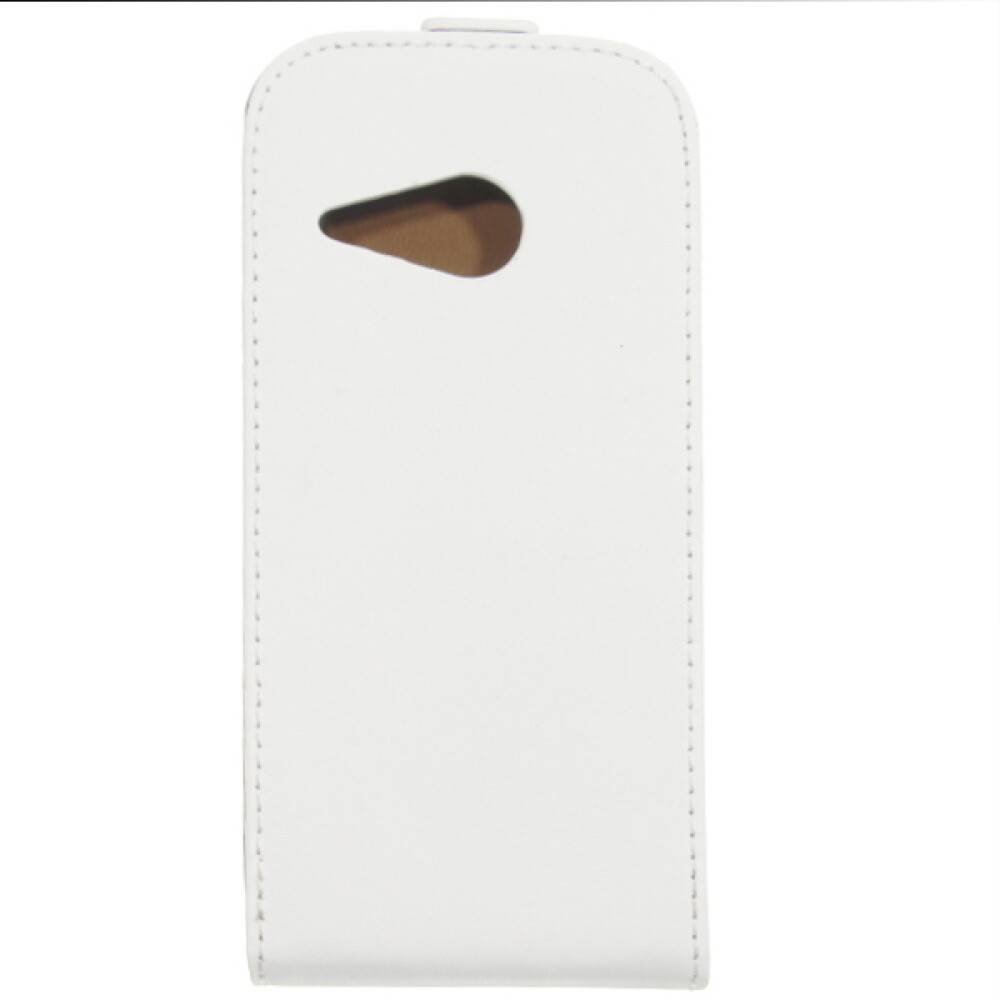 Weiße Smartphone-Klapphülle mit einer kleinen Kameraaussparung in der Nähe der Oberseite.