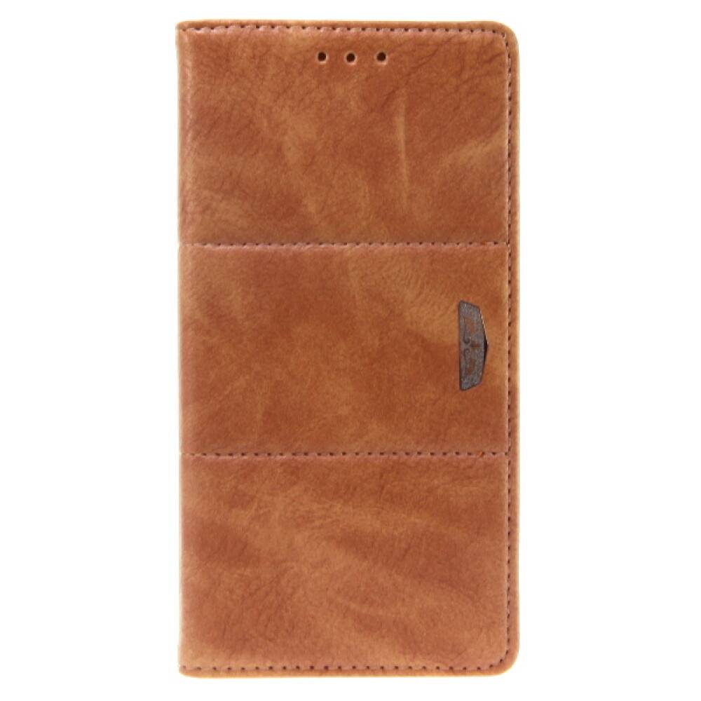 Ein braunes Leder-Smartphone-Brieftaschenetui mit Magnetverschluss und Platz für Karten. Das Design ist schlicht und elegant.