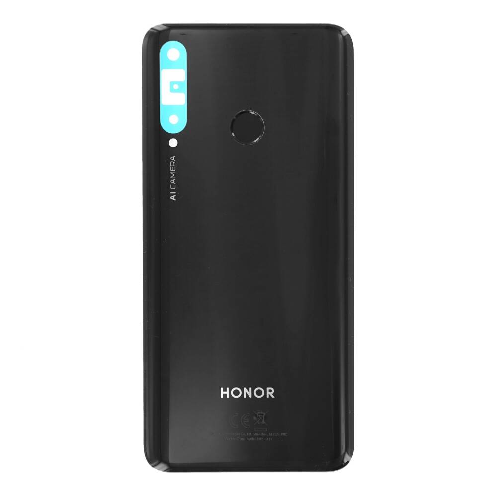 Schwarzes HONOR-Smartphone von hinten mit Dual-Kamera-Modul, Fingerabdrucksensor und Markenlogo auf weißem Hintergrund.