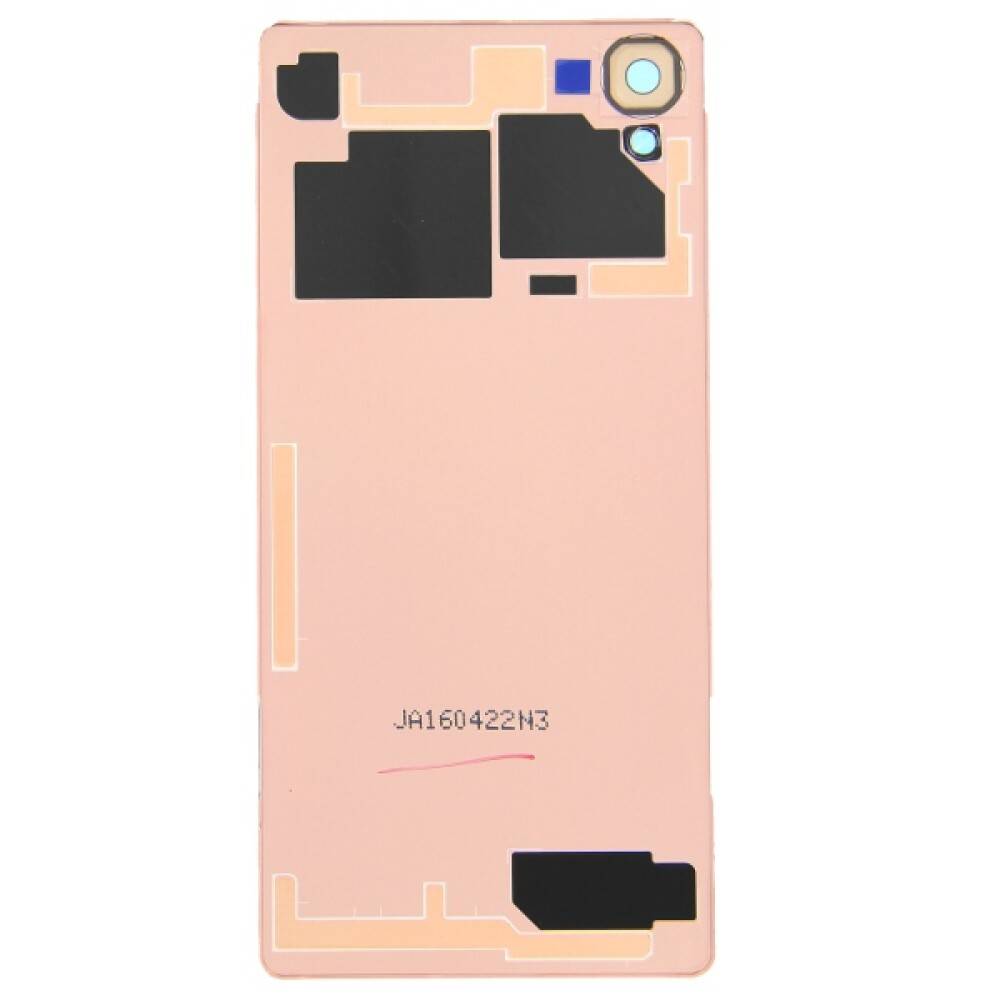 Rückansicht einer roségoldenen Smartphone-Rückseite mit Ausschnitten für die Kamera, den Blitz und interne Komponenten.