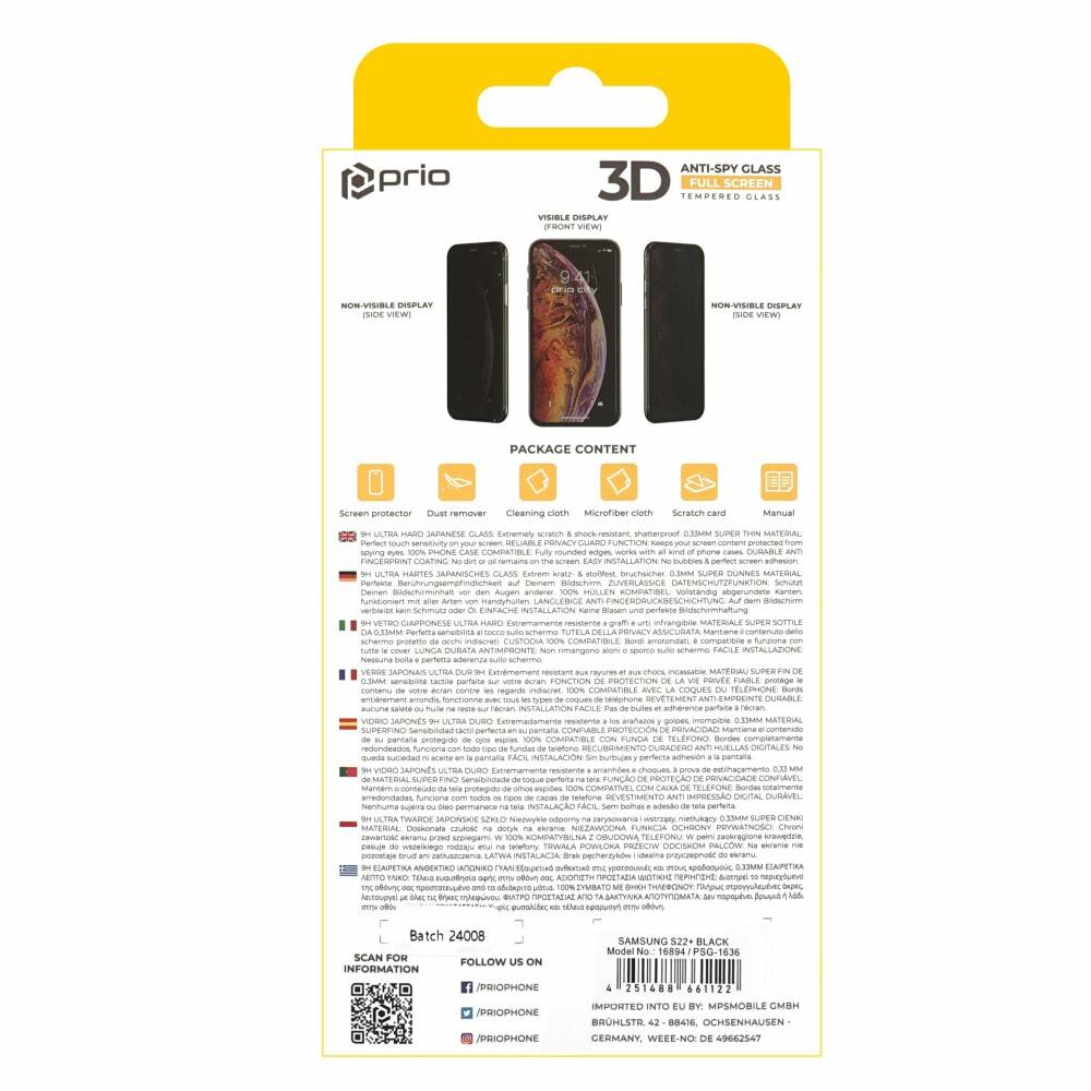 prio 3D Anti-Spy Displayschutzglas für Samsung S22+ schwarz