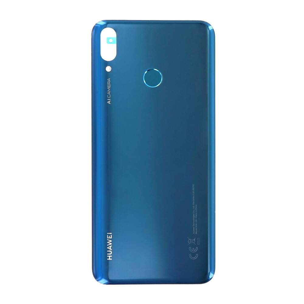 Blaues Huawei-Smartphone von hinten gezeigt, mit dualen rückwärtigen Kameras, Fingerabdrucksensor und Huawei-Logo auf weißem Hintergrund.