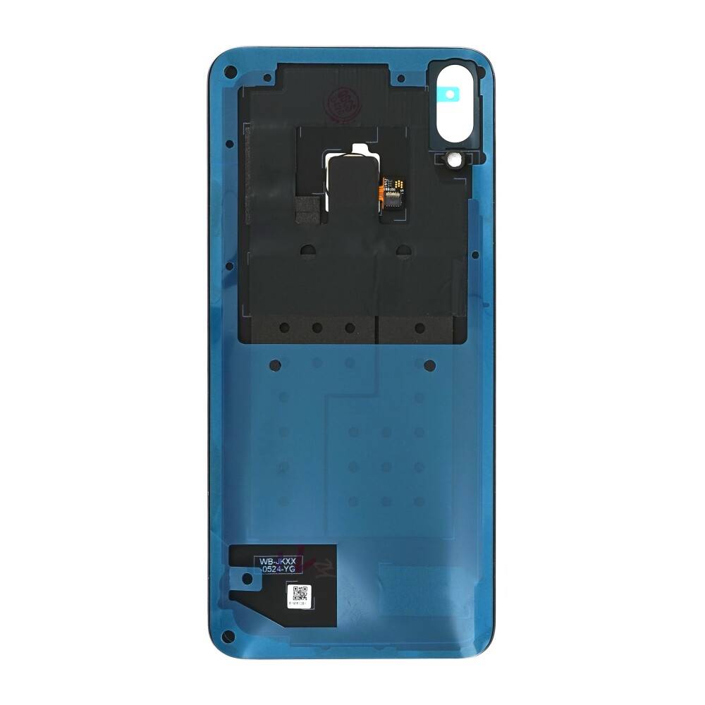Blauer Smartphone-Rückendeckel oder Gehäusepanel mit Kamera- und Aussparungen für interne Komponenten, dargestellt auf weißem Hintergrund.