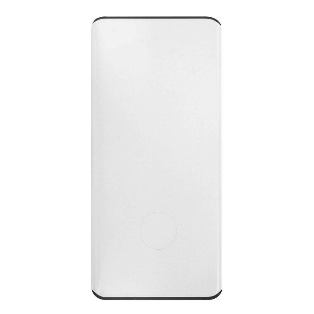 Eine schlanke, rechteckige weiße Powerbank mit abgerundeten Ecken und minimalem Design, die einen zentralen kreisförmigen Aufdruck aufweist und von oben betrachtet wird.