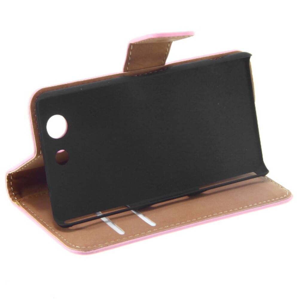 Ein rosa Handyhülle mit Ständerfunktion, entwickelt, um ein Gerät horizontal zu halten, mit Aussparungen für die Kamera und Tasten.