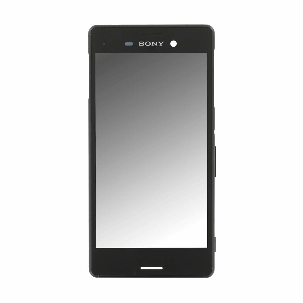 Vorderansicht eines schwarzen Sony-Smartphones mit leerem Bildschirm, zentriert auf weißem Hintergrund.