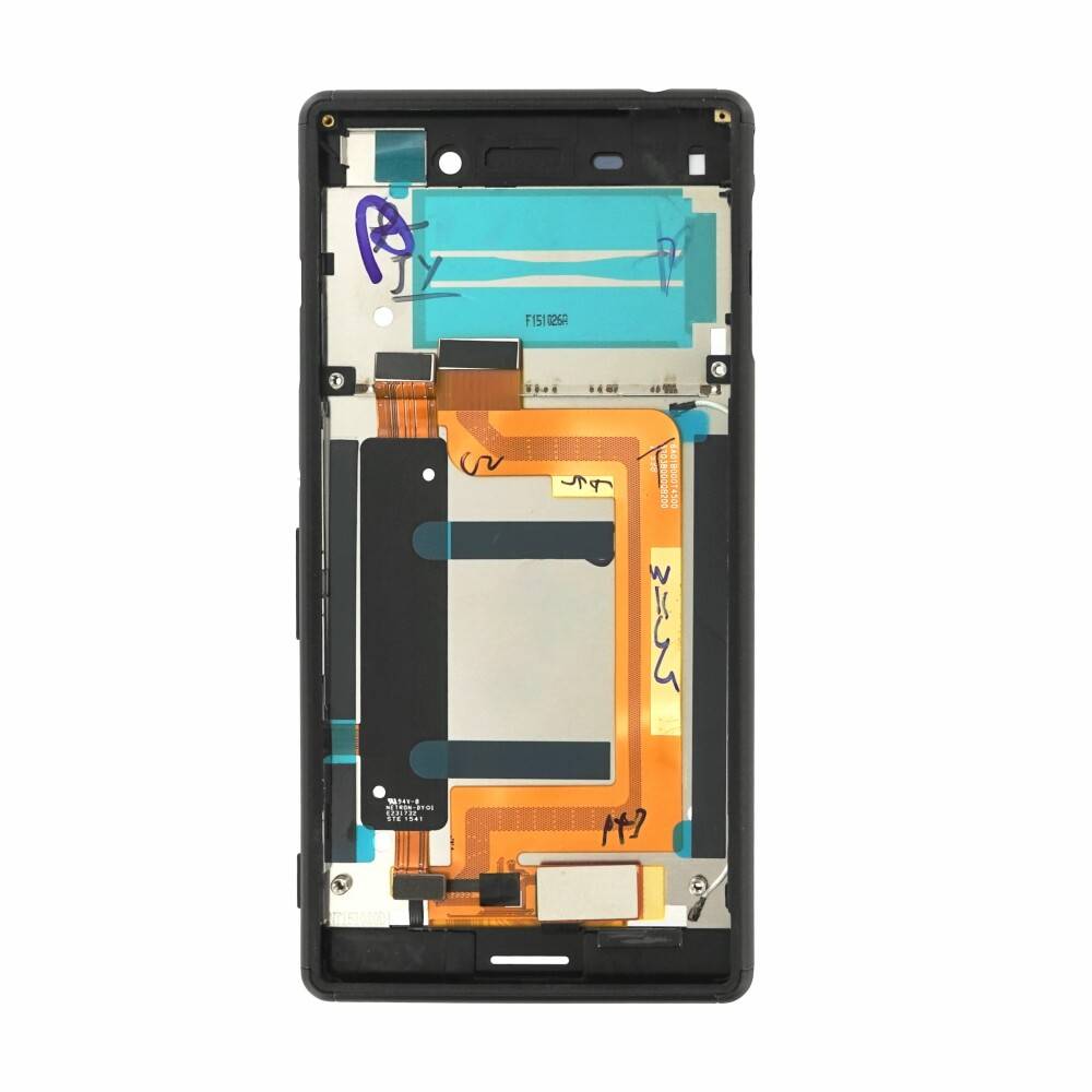 Eine Smartphone-Display-Baugruppe mit schwarzem Rahmen und freiliegenden internen Flachbandkabeln, frontal gegen weißen Hintergrund dargestellt.