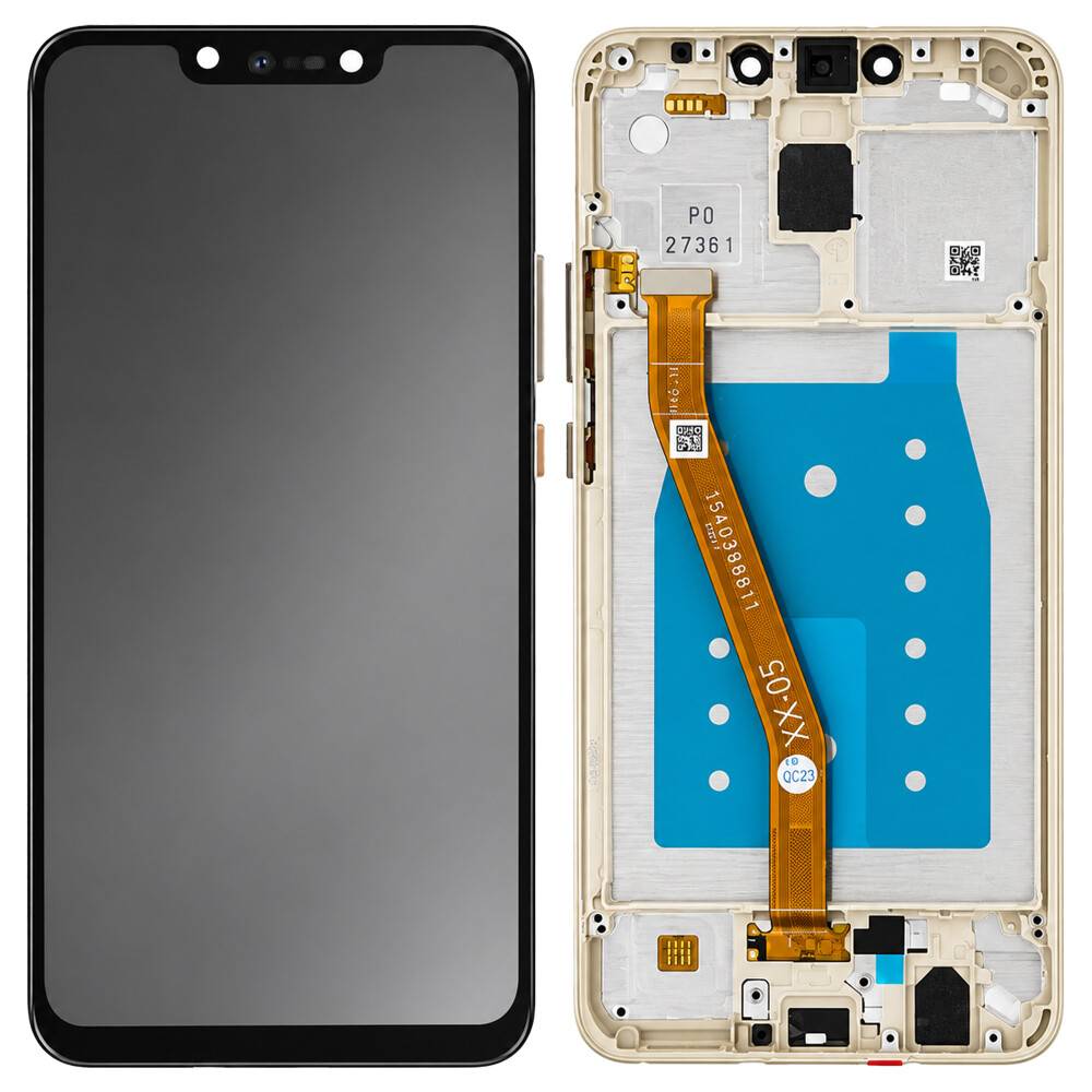 Vorder- und Rückansichten einer Smartphone-Ersatzbildschirm-baugruppe, die die schwarze Displayvorderseite und den hinteren Rahmen mit Bandkabel und Kameraausschnitten zeigen.