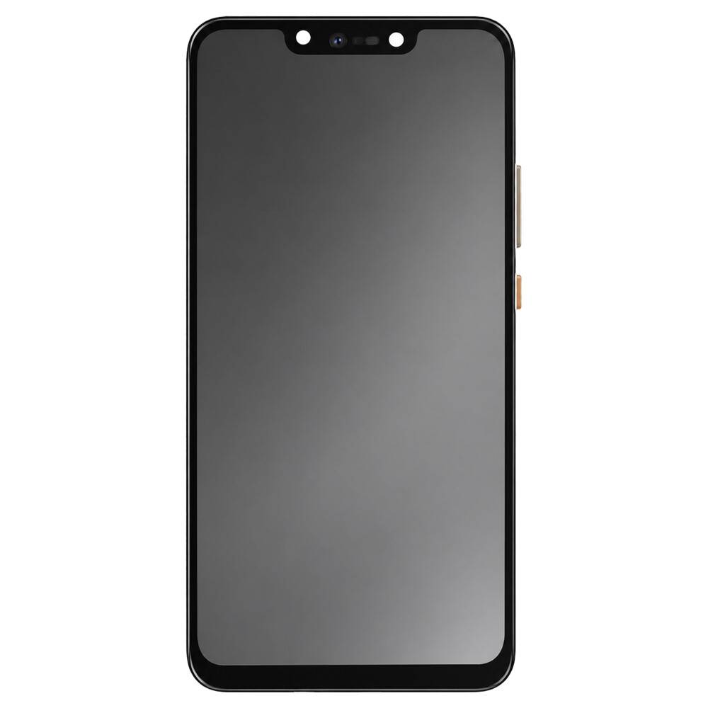 Vorderansicht eines schwarzen Smartphones mit leerem Bildschirm, oberer Kerbe und Seitentasten auf weißem Hintergrund.
