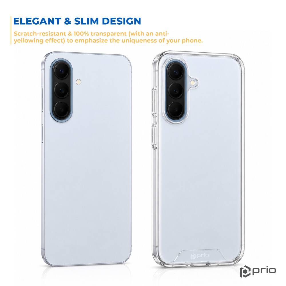 Marketingbild einer transparenten, schlanken, vergilbungsbeständigen Handyhülle, die auf einem Smartphone gezeigt wird, mit dem Text „ELEGANTES & SCHLANKES DESIGN