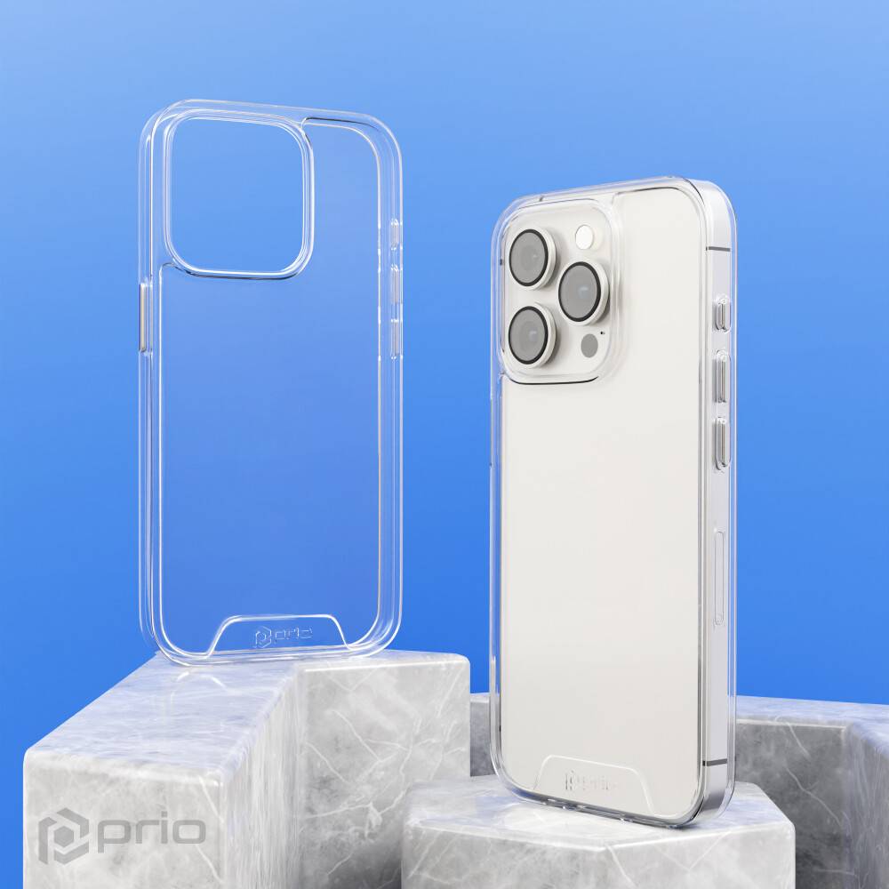 Eine transparente Handyhülle, separat und auf einem Telefon gezeigt, auf marmorartigen Plattformen vor blauem Hintergrund.