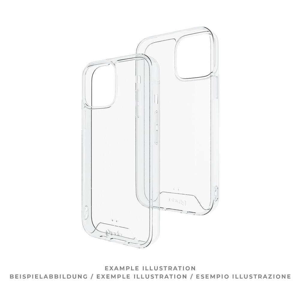Transparente Handyhülle-Illustration mit Ansichten von Vorder- und Rückseite. Beispieltext in vier Sprachen unter dem Bild.