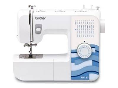 Weiße Brother Nähmaschine mit blauem Wellenpanel und Stichwahlschalter, Vorderansicht auf neutralem Hintergrund.