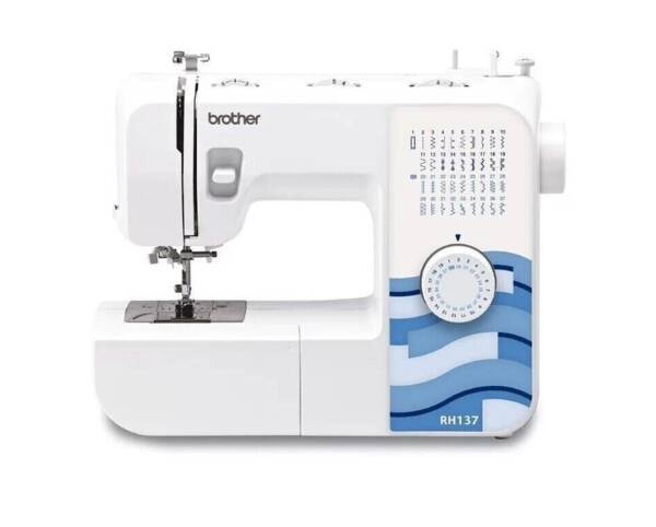 White Brother RH137 Nähmaschine mit Stichmusterwahlscheibe und blauem Wellenpanel auf der rechten Seite