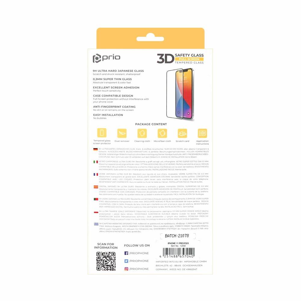prio 3D Displayschutzglas für iPhone 11 Pro/XS/X + Kameraglas schwarz