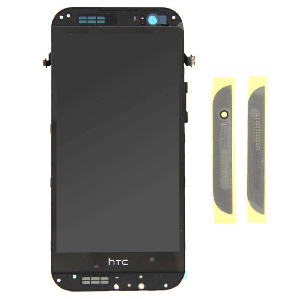 Frontmontage und Komponenten eines HTC-Smartphones, die den LCD-Bildschirm und Klebstreifen zur Installation zeigen.