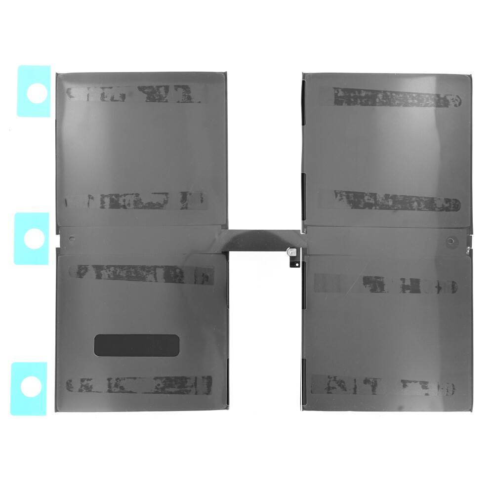 „Eine schwarze Laptop-Batterie mit vier Abschnitten und drei blauen Reitern auf der linken Seite.