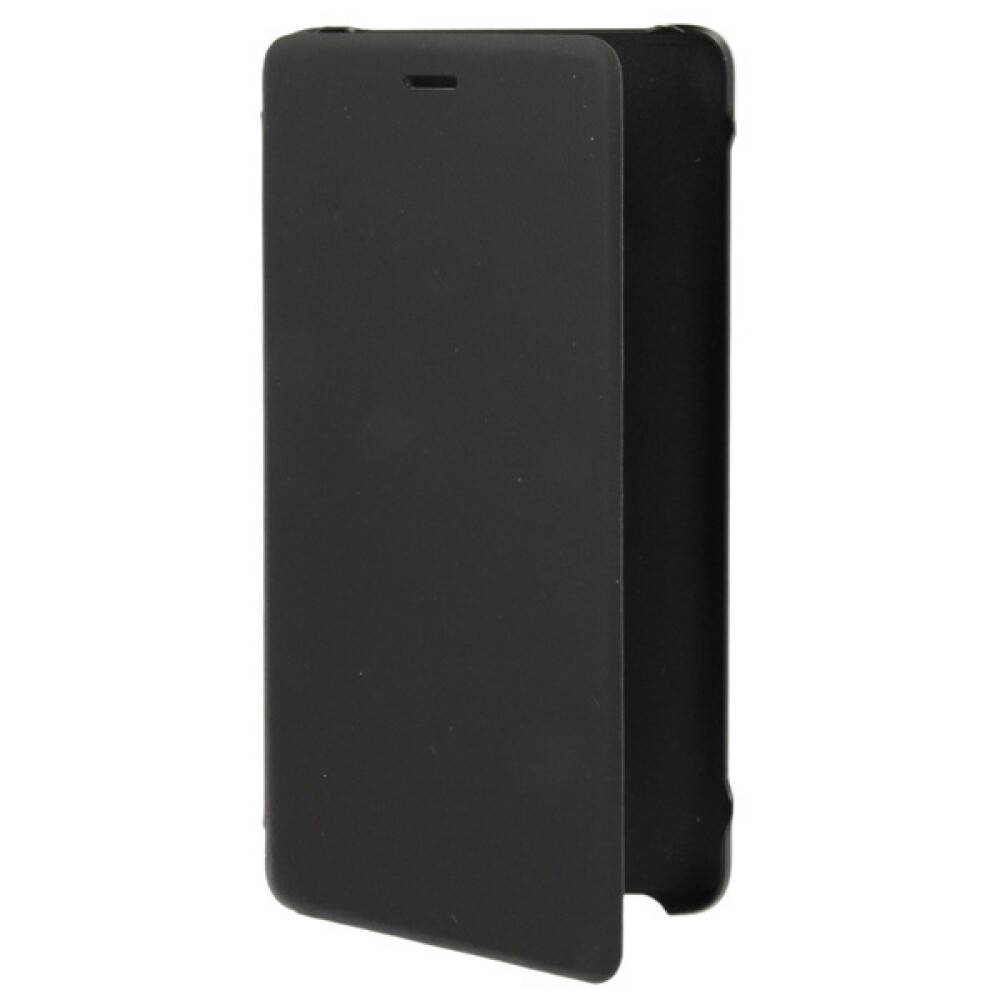 Schwarzes Smartphone-Flip-Case, geschlossen, auf weißem Hintergrund dargestellt.
