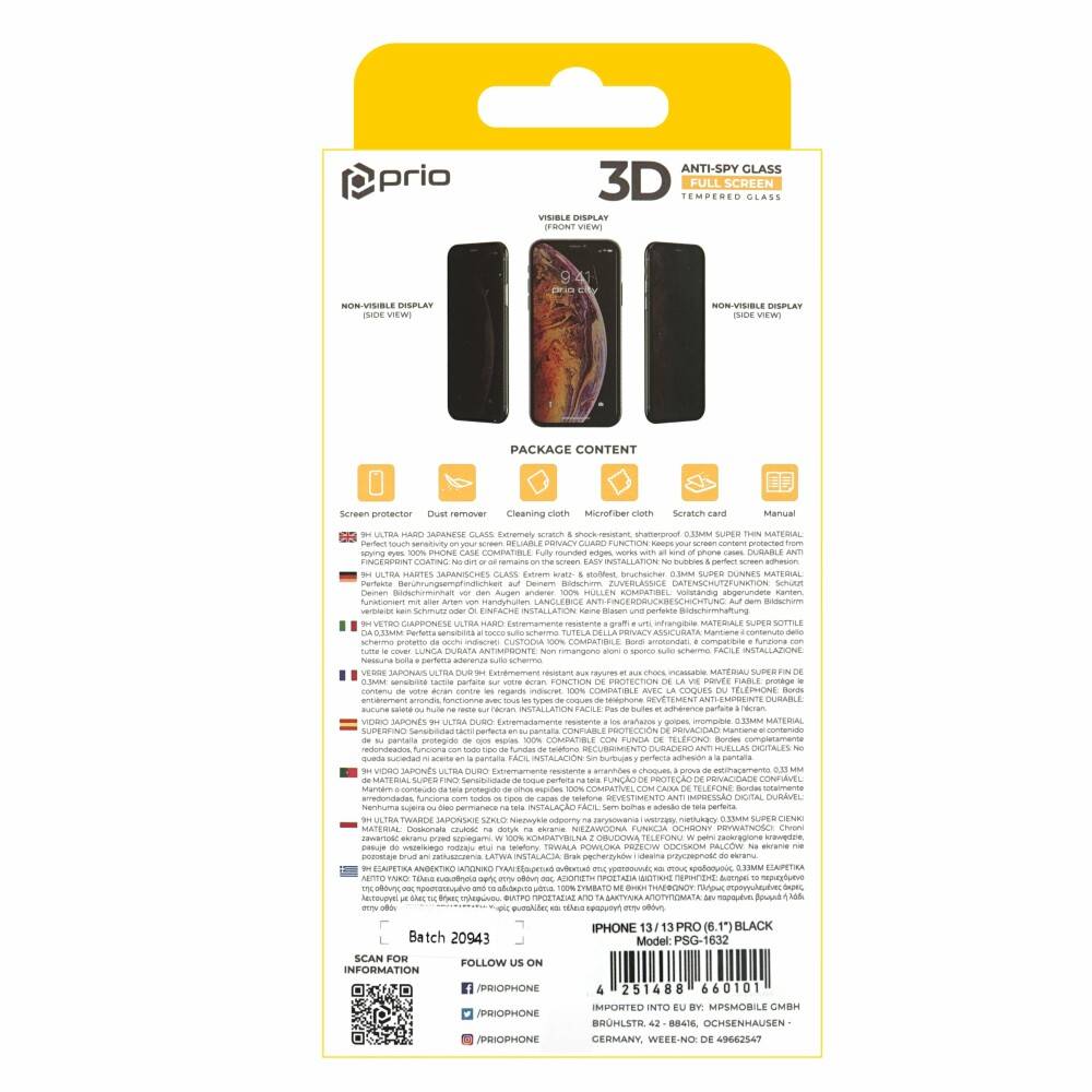 prio 3D Anti-Spy Displayschutzglas für iPhone 14/13 /13 Pro schwarz