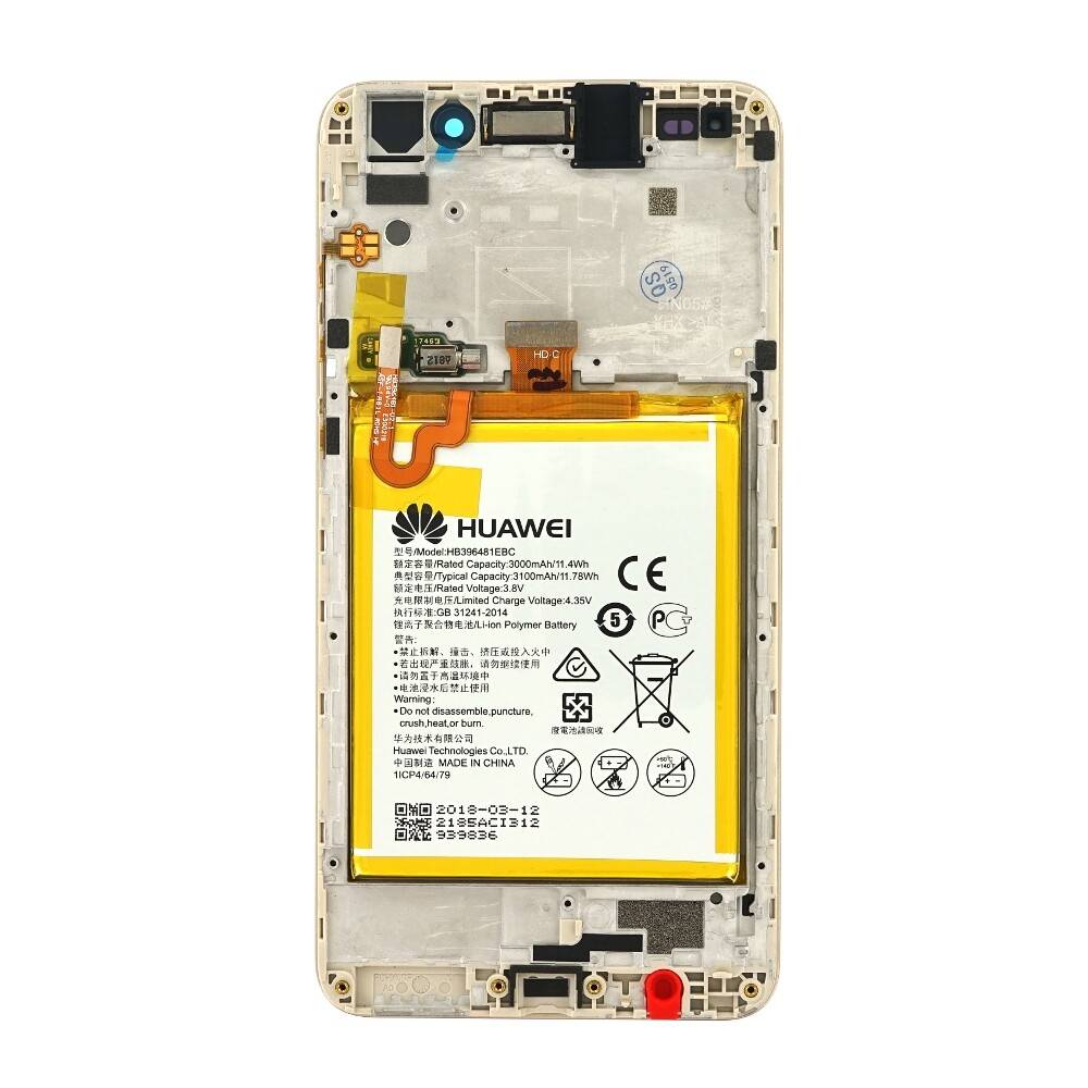 Offenes Smartphone mit angezeigtem internem Akku und Komponenten, mit einem großen Huawei-Akku in der Mitte des Geräterahmens.