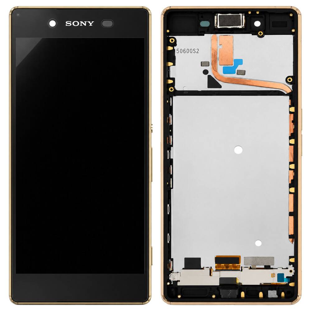 Vorder- und Rückansichten einer Sony-Smartphone-Bildschirmeinheit, zeigend die Anzeigeseite und den internen Rahmen mit Steckverbindern und Flachbandkabeln.