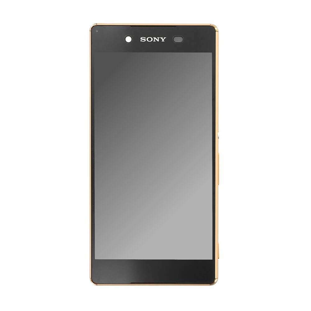 Vorderansicht eines Sony-Smartphones mit leerem Bildschirm auf weißem Hintergrund.