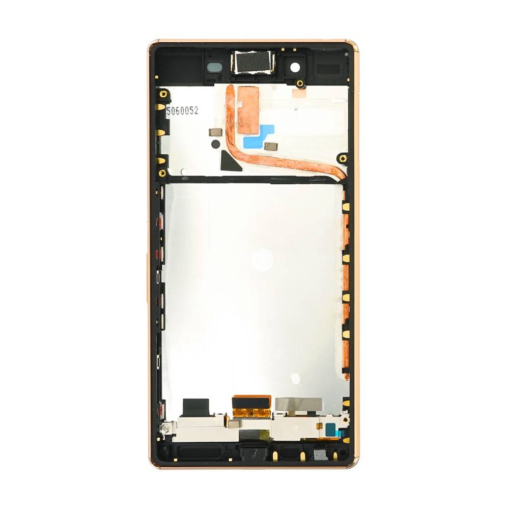 Interne Displaybaugruppe und Rahmen eines Smartphones von hinten gezeigt, mit sichtbaren Flachbandkabeln und Steckerteilen.