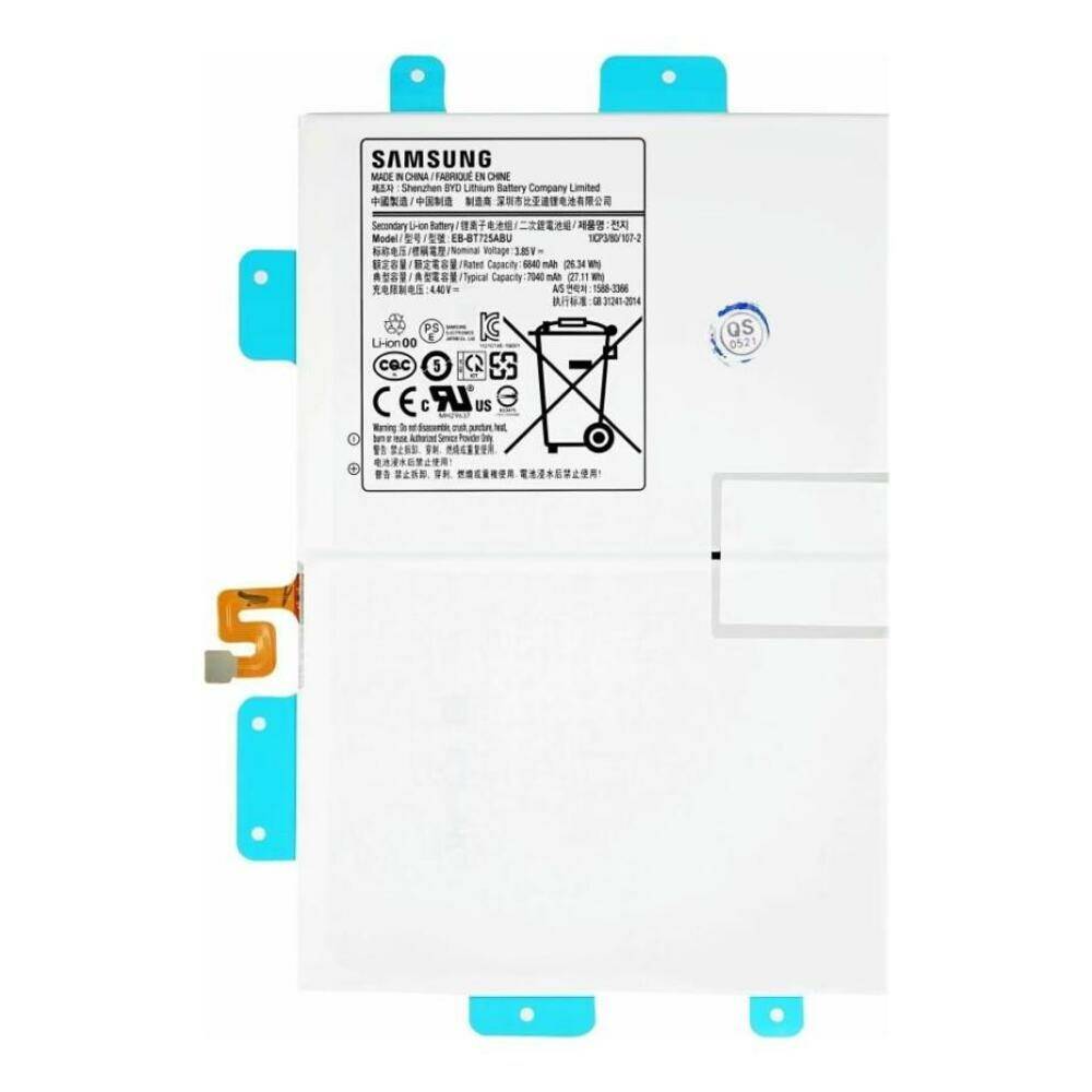 Samsung-Ersatz-Tablet-Akku mit weißem Gehäuse, blauen Zugregistern und Etikett mit Sicherheitssymbolen und Spezifikationen.