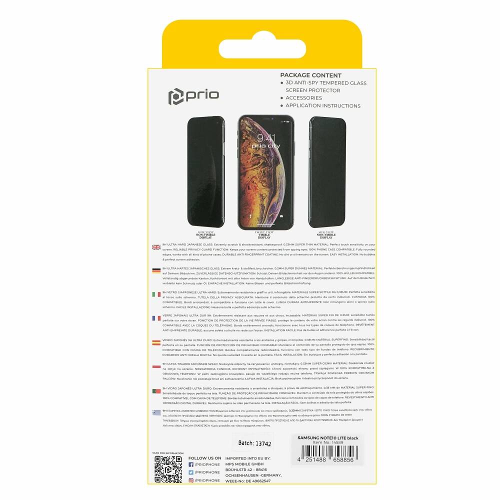 prio 3D Anti-Spy Displayschutzglas / Bildschirmschutz für Samsung Note10 Lite schwarz