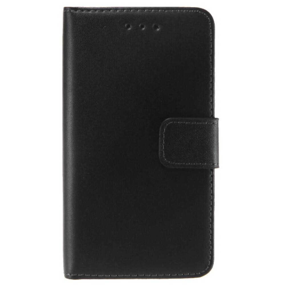 Schwarze Ledertasche für Telefon mit Druckknopfverschluss, mit drei kleinen Löchern oben für Lautsprecher.