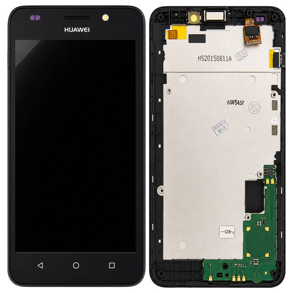 Vorder- und Rückansicht einer Huawei-Smartphone-Bildschirmeinheit, die die schwarze Anzeigevorderseite und interne Komponenten auf der Rückseite zeigt.
